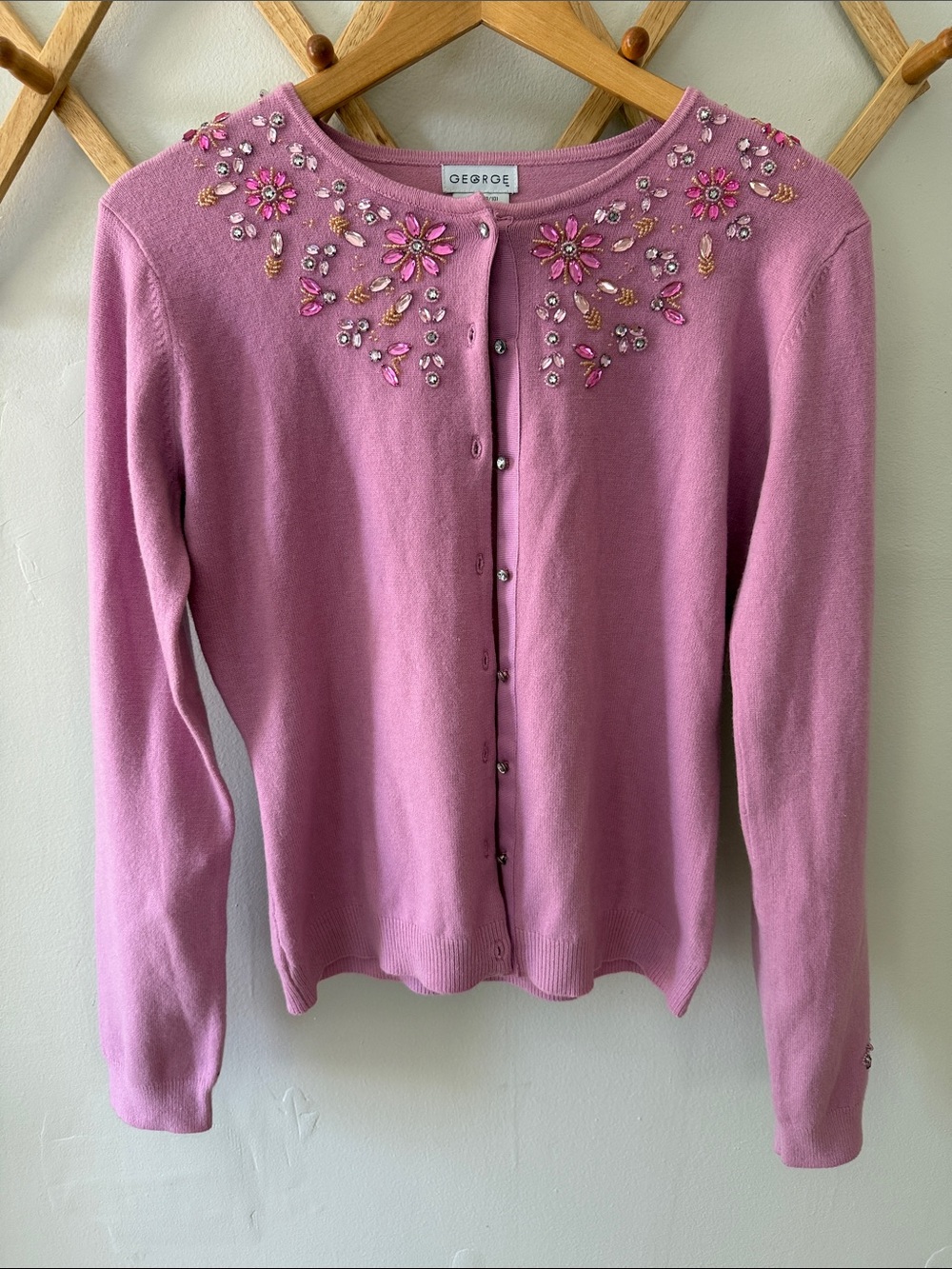 George Pink Jeweled Floral Angora Cardigan M Rhinestone Y2K Coquette women’s M